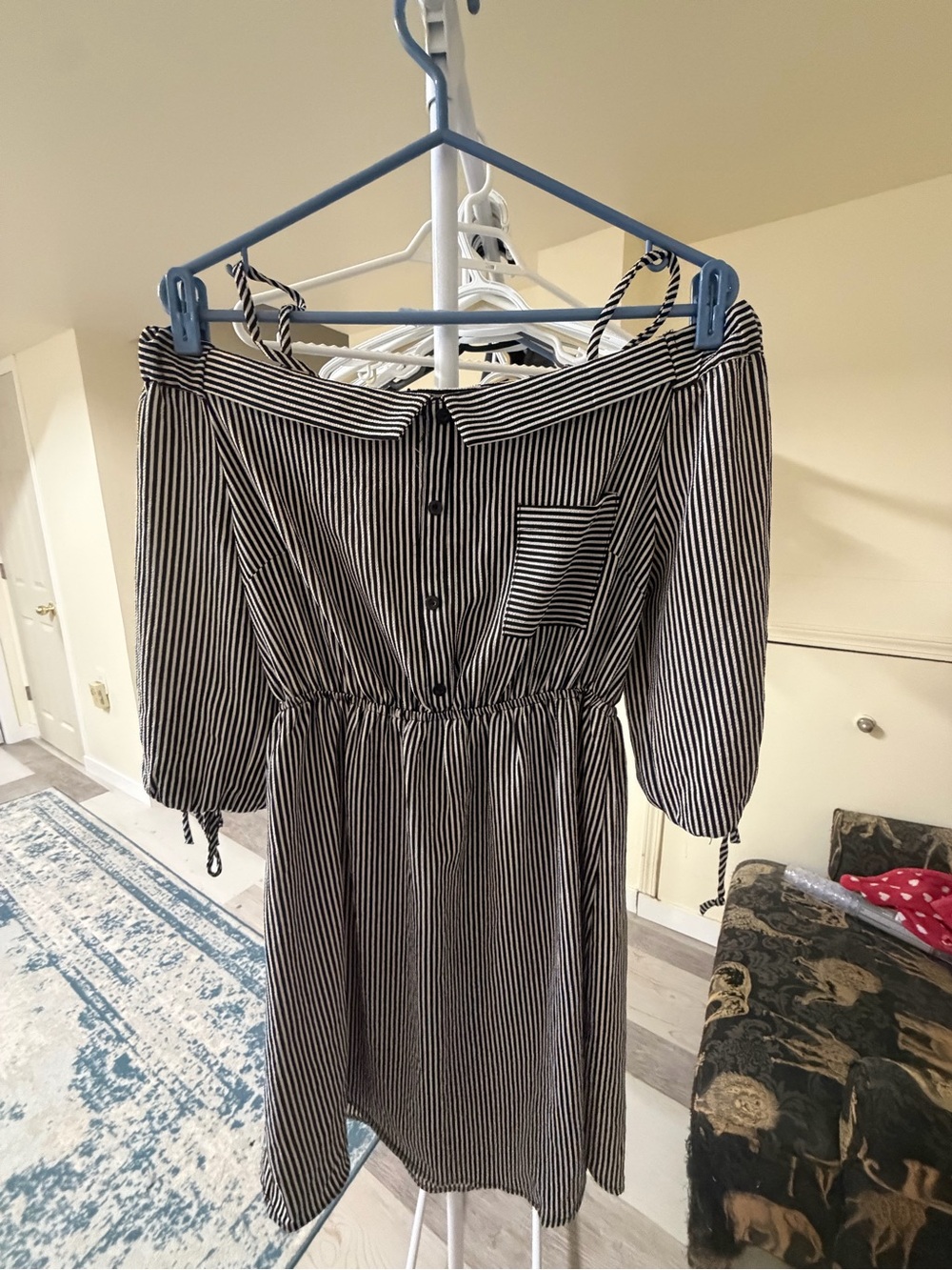 Monteau Black and White Striped Off-Shoulder Midi Dress